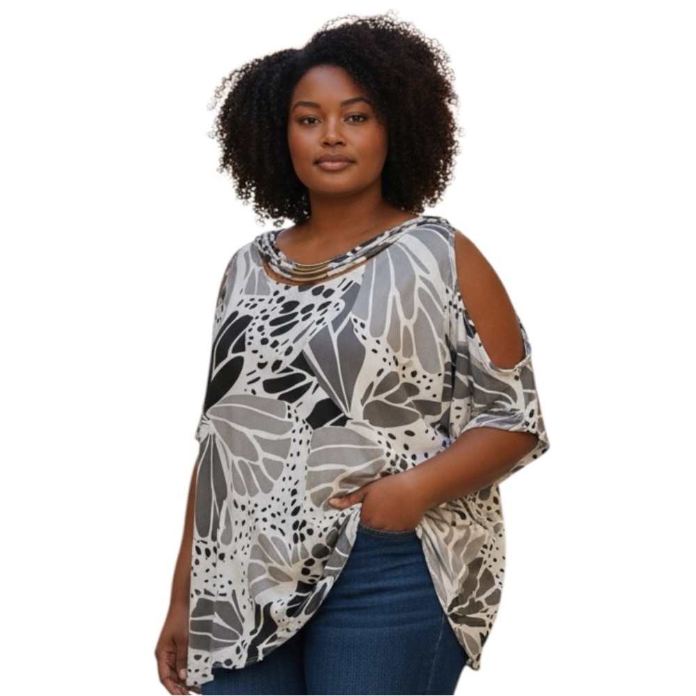 BOLD elements Monochrome Cold Shoulder Floral Blouse NWT XL - Picture 10 of 10